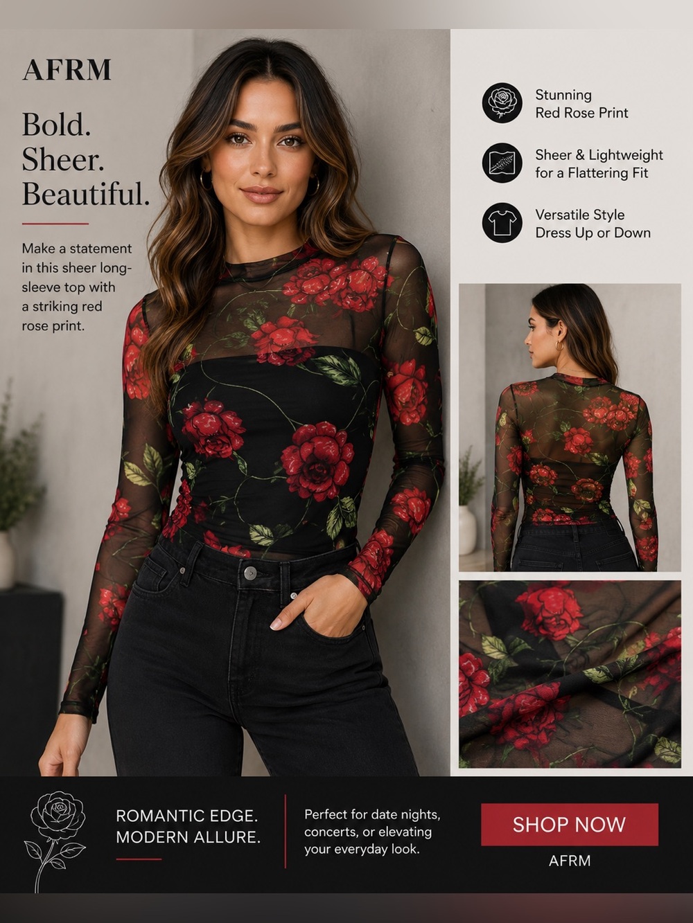 AFRM Black Sheer Long-Sleeve Top with Red Rose Print